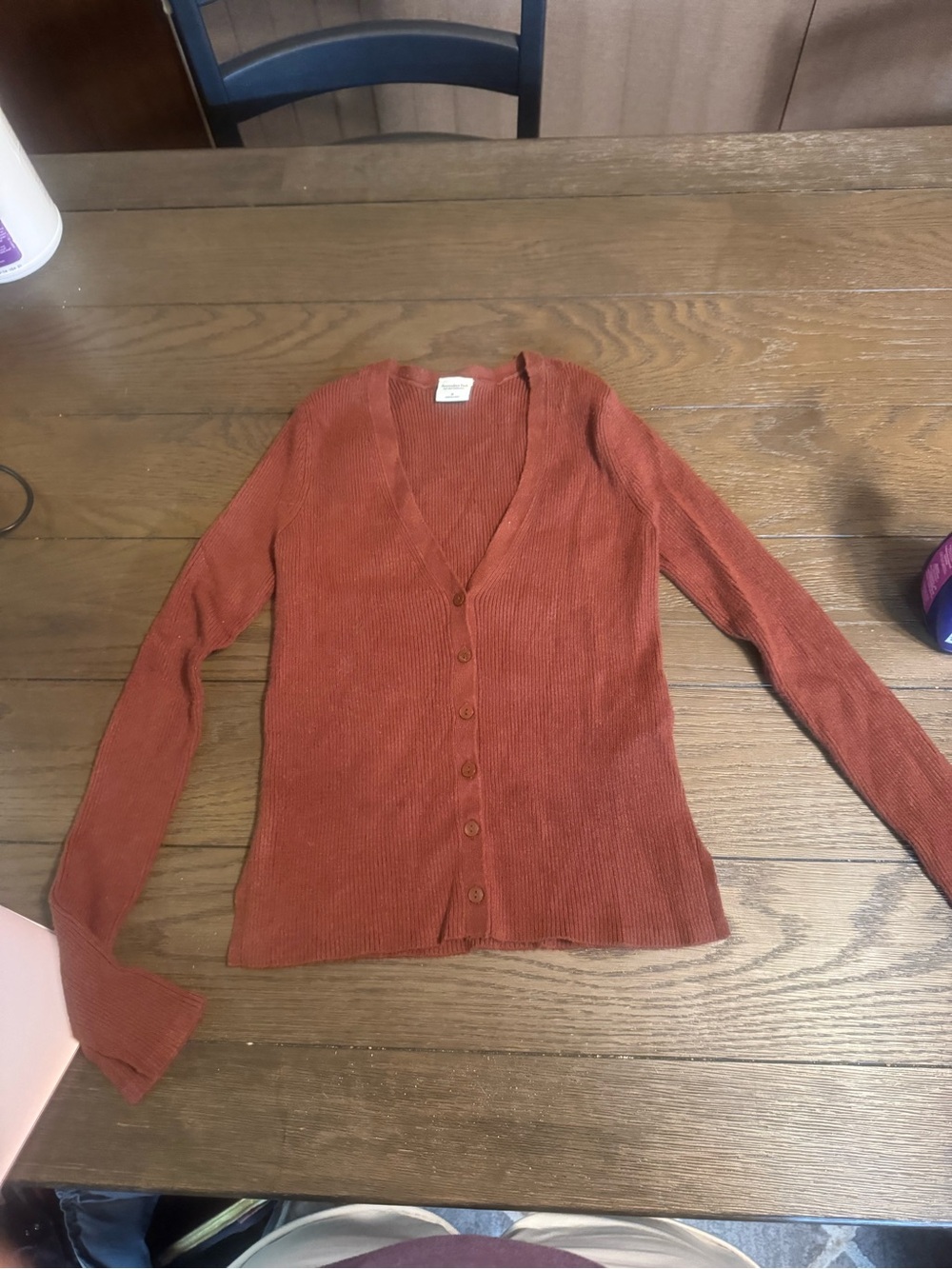 Abercrombie & Fitch Rust-Orange Ribbed V-Neck Button Cardigan